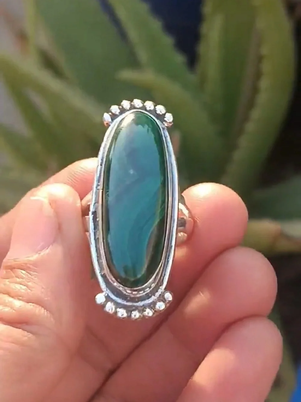 925 Sterling Silver Long Oval Green Malachite Statement Ring